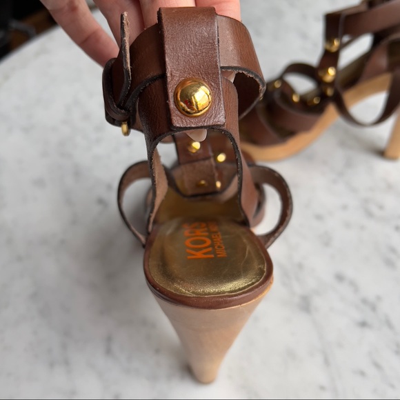 Michael by Michael Kors NWOT High Heel Platform Sandals Brown Leather Studded - Picture 7 of 12